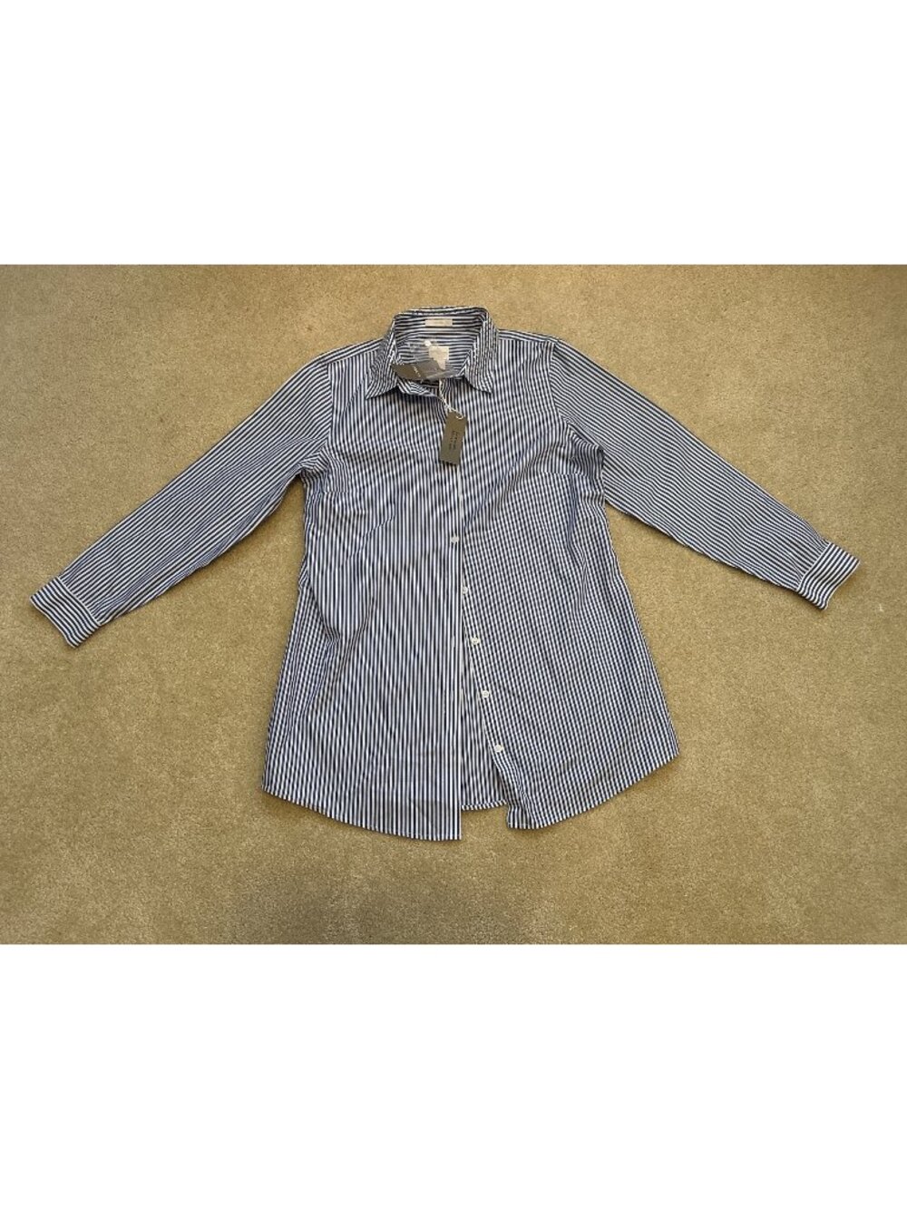NWT No-Iron Blue White Striped Button Down OfficeWear preppy Classic Rhinestone